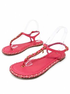 Chanel Chain CC Thong Flat Sandals Pink Womens Size EU 38
